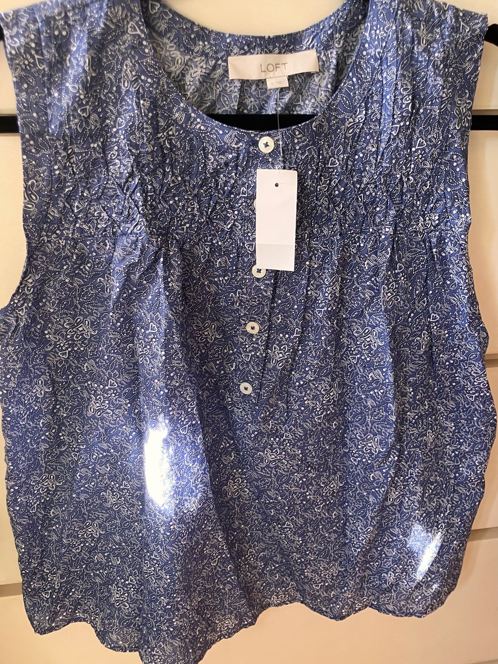 LOFT Navy and White Paisley Sleeveless Button-Front Blouse